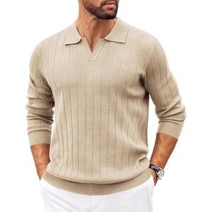 Coofandy Men Khaki Polo Long Sleeve V Neck Knit Lightweight Pullover Sweater